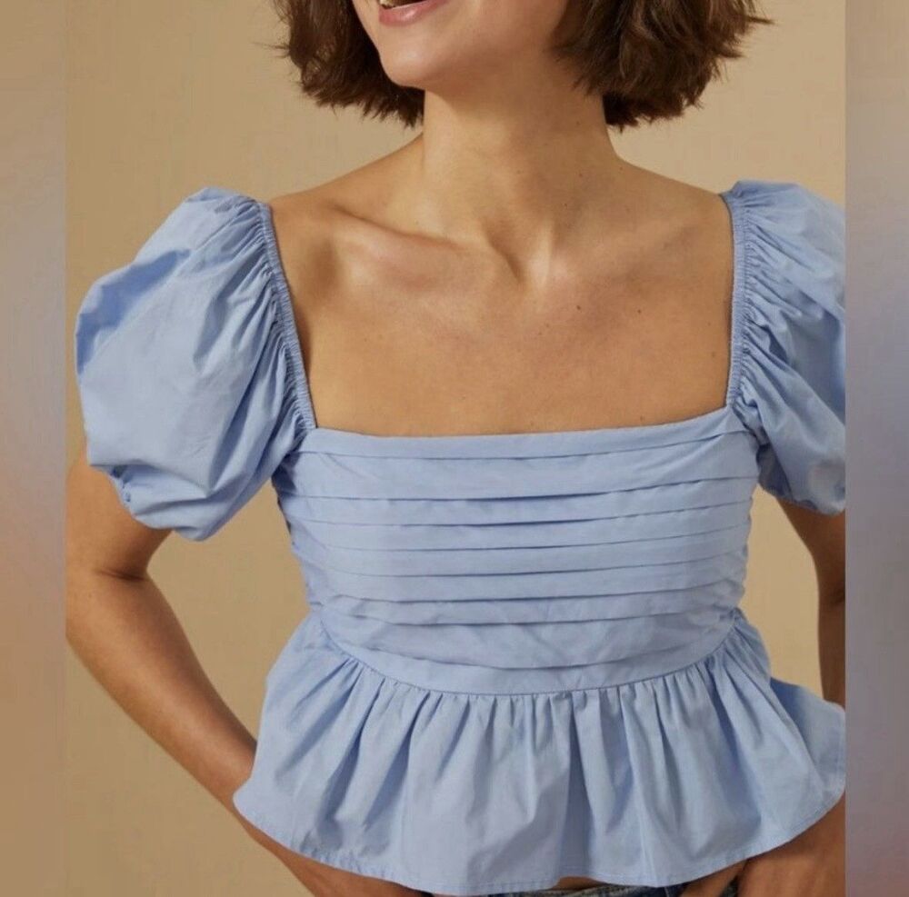 NWT Altar'd State Size M Denim Blue Serenity Smocked Peplum Cropped Top Feminine